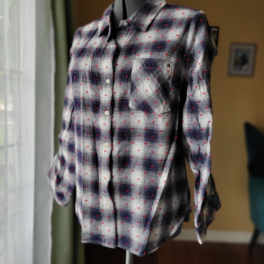 Tommy Hilfiger Navy White Plaid Flannel Red‎ Swiss Dot Shirt L EUC 100% Cotton